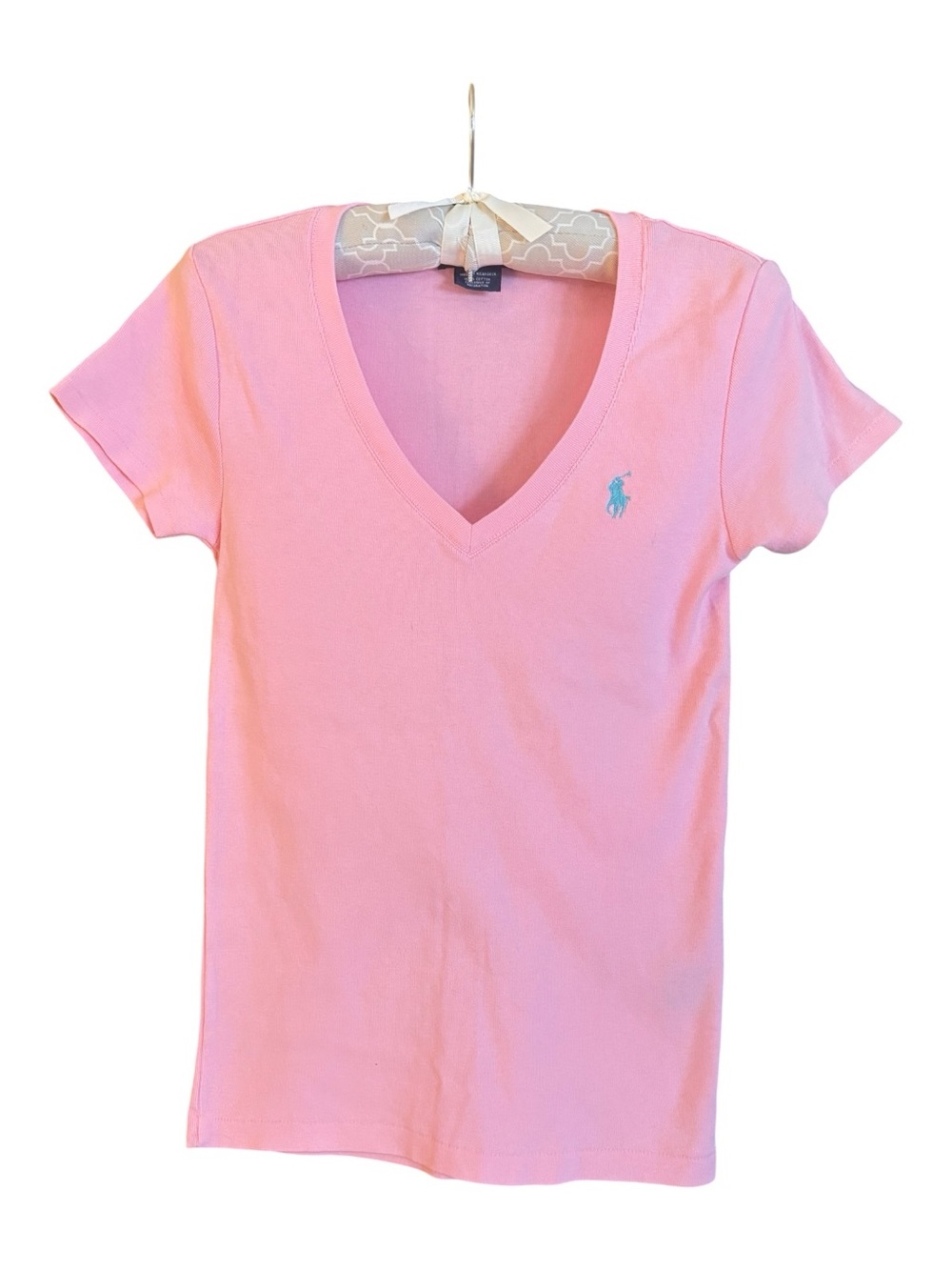 Ralph Lauren Pink V-Neck Short Sleeve Tee with Blue Pony Logo